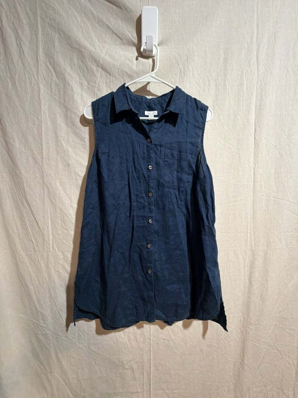 J. Jill Love Linen Navy Blue Sleeveless Button-Down Tunic Shirt